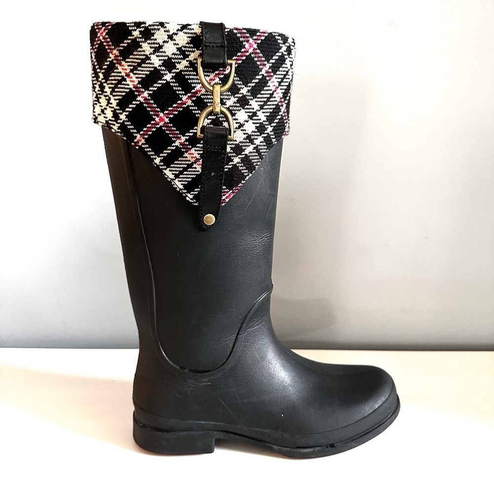CROCS Bridle Wellie Black + Red Plaid Tall Rubber Rain Boots Size 10 Women's - Picture 3 of 10